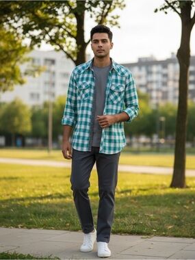 Buckle Black Teal and White Plaid Shirt